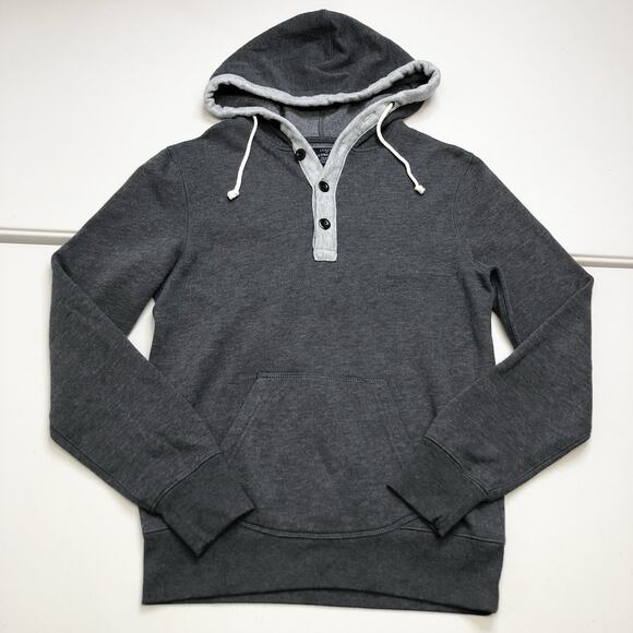 J. Crew Fleece Henley Sweater Hoodie Men XS Grey Knit Kangaroo Pocket 1/4 Button - Picture 1 of 7